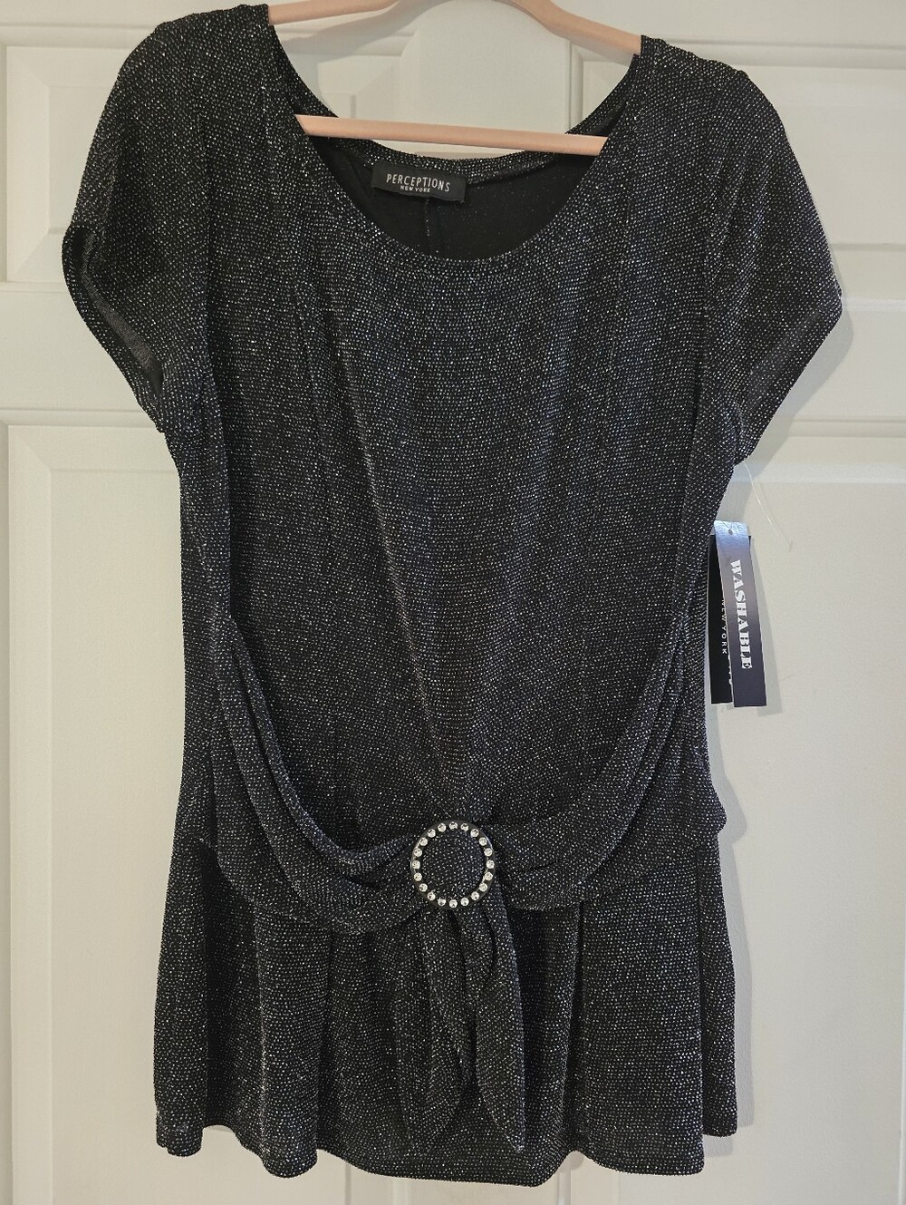 Perceptions Black Glitter Peplum Midi Dress with Rhinestone Buckle Accent